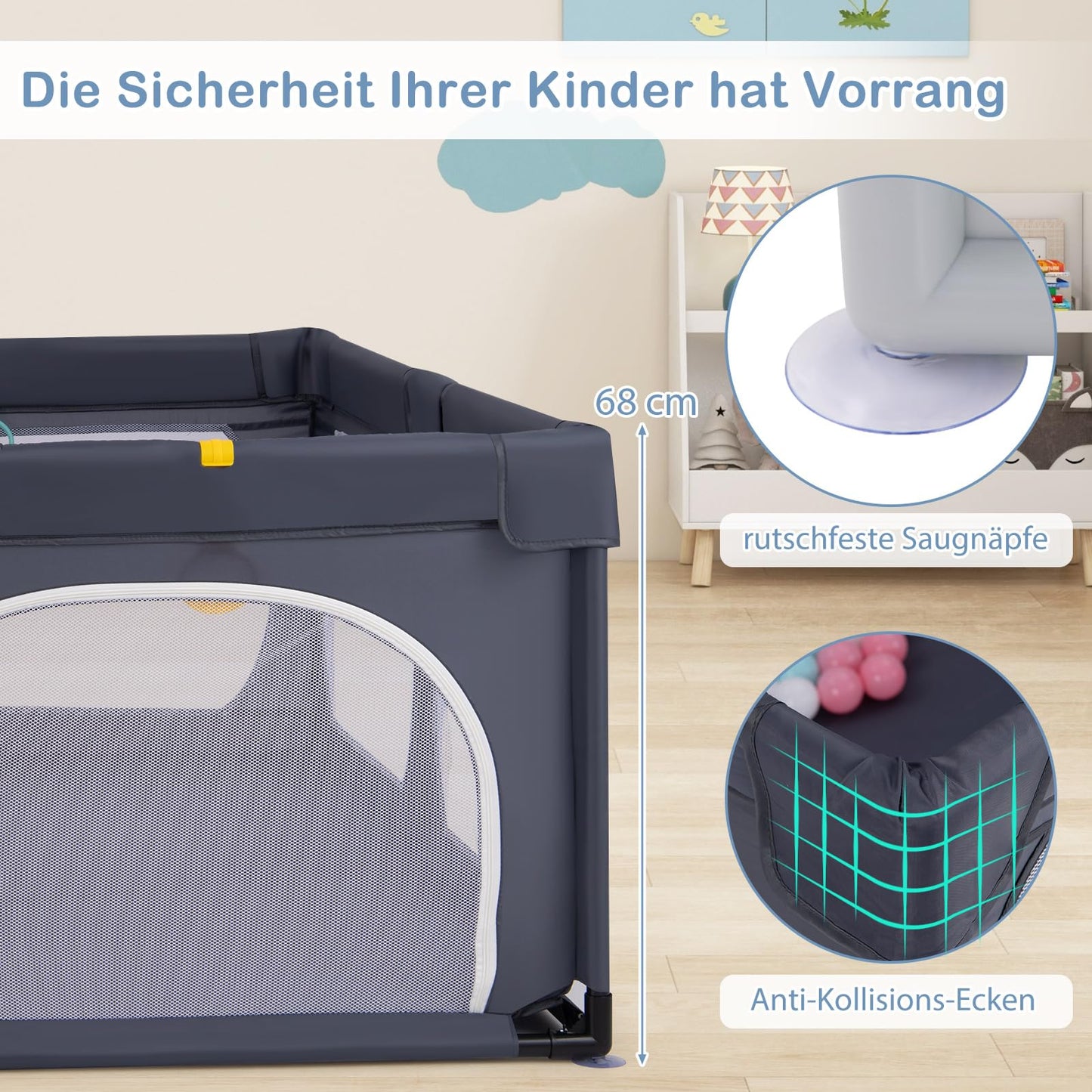 DREAMADE Playpen for Baby, 189 x 158 cm Play Yard with 4 Pull Rings & 50 Ocean Balls & Carrying Bag, Large Safety Fence for Babies & Toddlers 0-3 Years (without Mattress, Dark Gray)