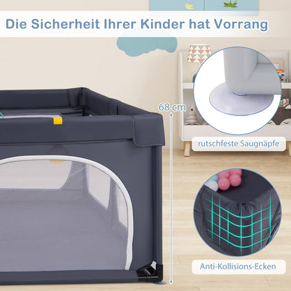 DREAMADE Playpen for Baby, 189 x 158 cm Play Yard with 4 Pull Rings & 50 Ocean Balls & Carrying Bag, Large Safety Fence for Babies & Toddlers 0-3 Years (without Mattress, Dark Gray)