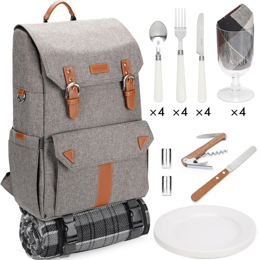 HappyPicnic insulated picnic backpack for 4 people with complete tableware set, spacious cooler compartment, bottle holders, and large waterproof picnic blanket.