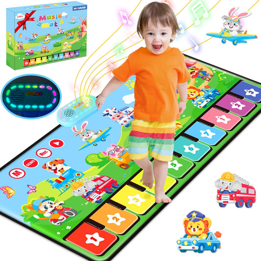 MOMUSE Baby Toy for 1+ year olds with 80 sounds, Large music mat featuring 10 animals & 10 vehicles, Piano mat with soft lights, 10+ volume levels, Gifts for boys girls 1 2 3 (110cm*45cm)