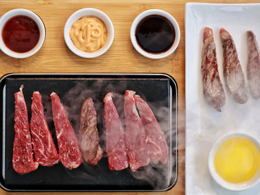 Meal Lava Stone Set (7 pieces) | Set with hot stone, plate, and dip bowls on practical wooden board | Steak Stone, Hot Stone Steak, Grill Stone
