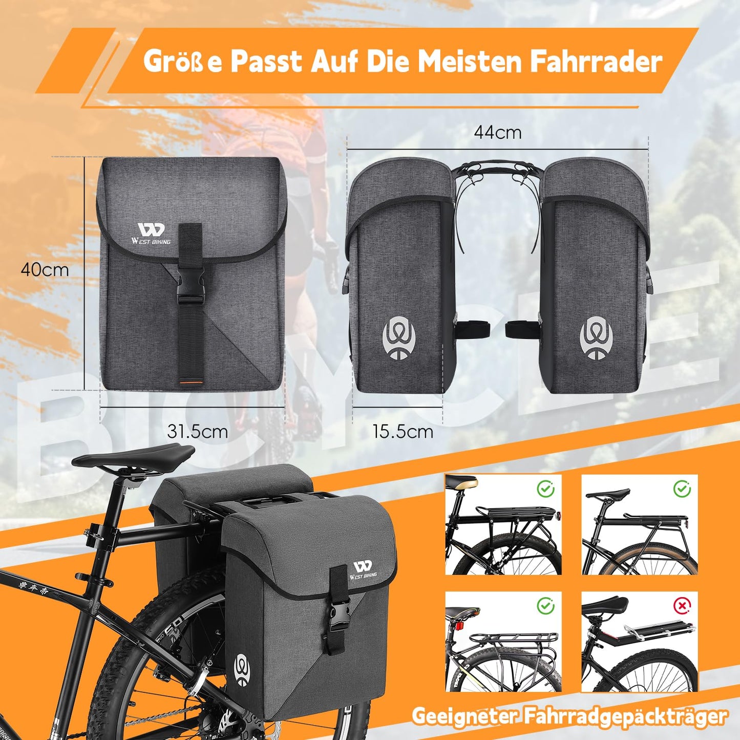 ICOCOPRO Bicycle Bag Double Bag, Three-Dimensional Bicycle Bags for Luggage Carrier, 35L Large Bicycle Bags, Bicycle Bag with Waterproof Rain Cover, Luggage Carrier Bags for ebike MTB Road Bike
