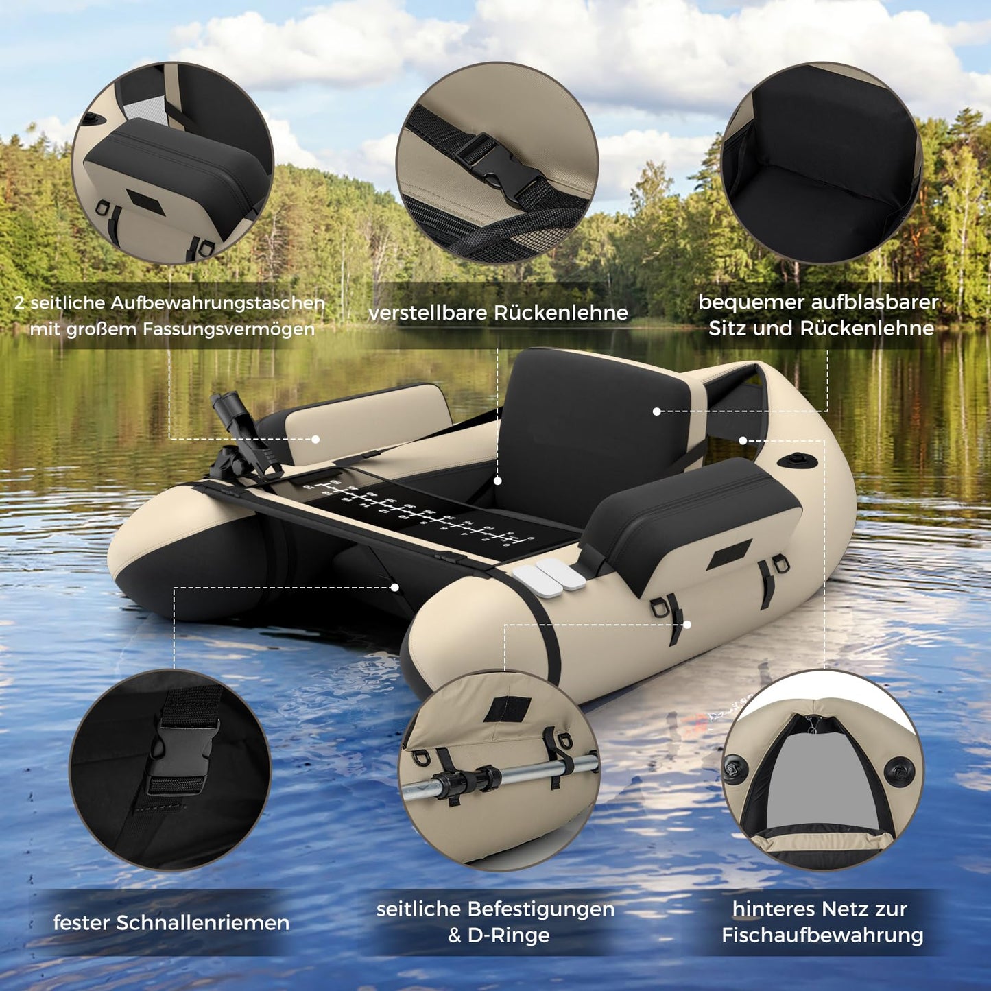 GOPLUS Belly boat, inflatable fishing boat with aluminum paddle, pump, fins, fish ruler, rod holder, and 2 shoulder straps. Supports up to 150kg, measures 135 x 109 x 54 cm. Beige+black color.