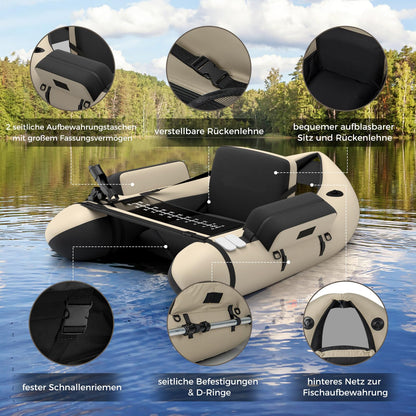 GOPLUS Belly boat, inflatable fishing boat with aluminum paddle, pump, fins, fish ruler, rod holder, and 2 shoulder straps. Supports up to 150kg, measures 135 x 109 x 54 cm. Beige+black color.