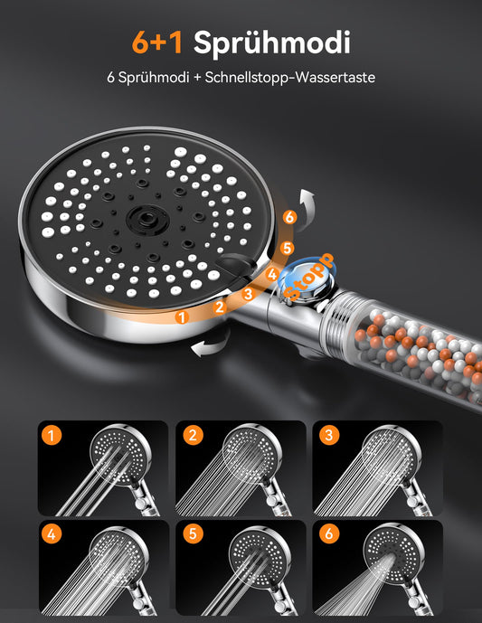 VOXON Shower Head with Hose 1.5M, Water Saving Shower Head with Filter and 6 Spray Modes & Stop Function, Handheld Shower Head with Hose Pressure Boosting with 3-Layer Filtration and Extra Stones