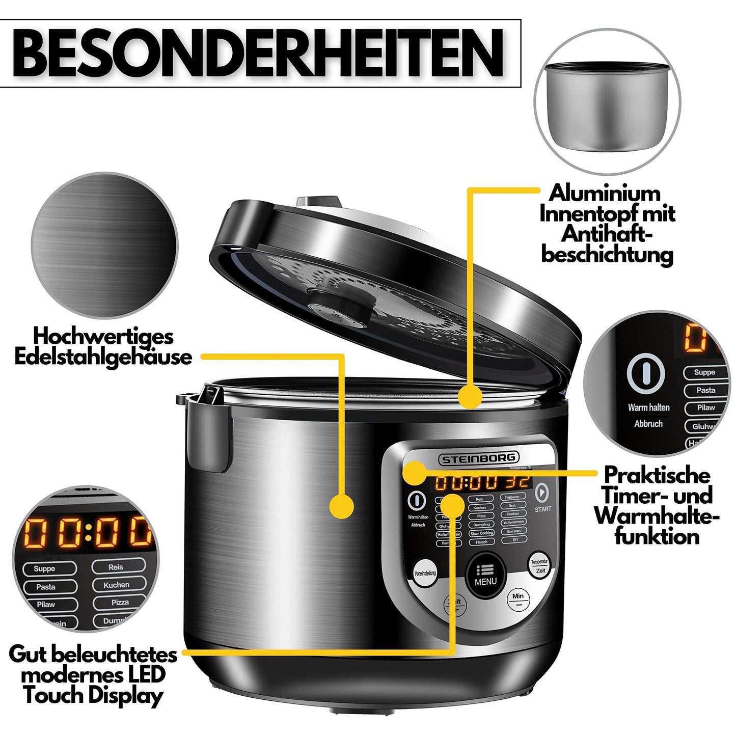 18in1 Multi Cooker Slow Cooker | 900 Watts | 5 liters | Rice Cooker | Steamer | Food Warmer | Sauté Pan | Yogurt Maker | Multi Cooker | Pressure Cooker | Hot Air Cooker | Cooker