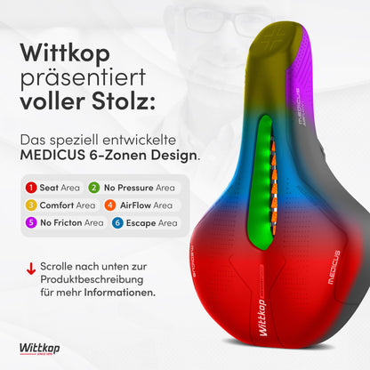Büchel WITTKOP bicycle saddle with innovative 5-zone Medicus concept and orthopedic memory foam padding I comfortable bike saddle for women & men I MTB, trekking, city