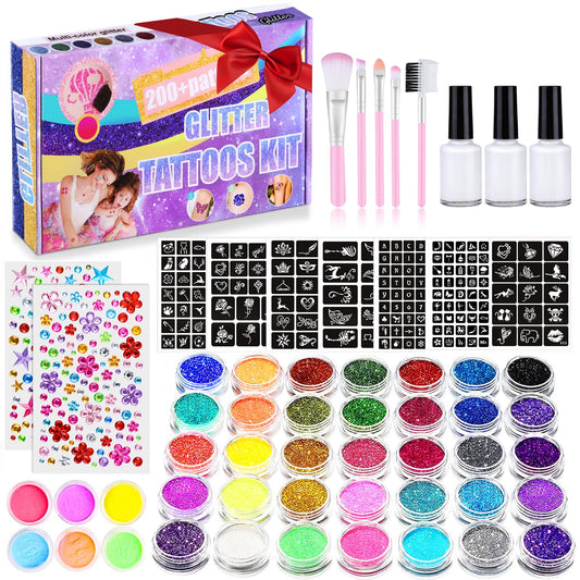Glitter Tattoo Set for Kids, Glitter Tattoos for Girls Temporary, 41 Colors Glitter Powder 215 Rhinestones 204 Stencils 3 Glue 5 Brushes Waterproof Tattoos for Parties Gift for Kids Christmas