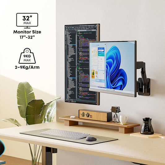 IMtKotW Monitor Wall Mount 2 Monitors for 17-32 inch Flat & Curved Screens, 9kg/arm, Ergonomically Height Adjustable tilt/swivel and rotate, VESA 75x75/100x100 Monitor Mount Wall