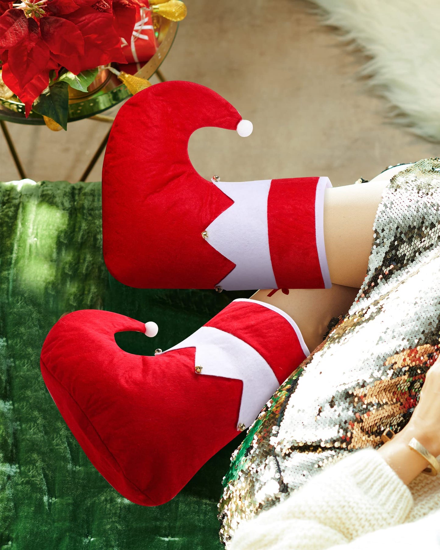 Jadive 6 Piece Christmas Elf Shoes Hat Set for Adults Green White Costume Accessories Set Elf Hat Boots Elf Red Candy Shoes for Prom Costume Christmas Gifts