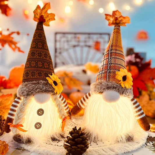 ACAREY Autumn Decor Gnomes with Light 2-Pack Large 35cm Plush Gnome Figures Halloween Decor with LED Christmas Decor Fall Harvest Illuminated Gnomes