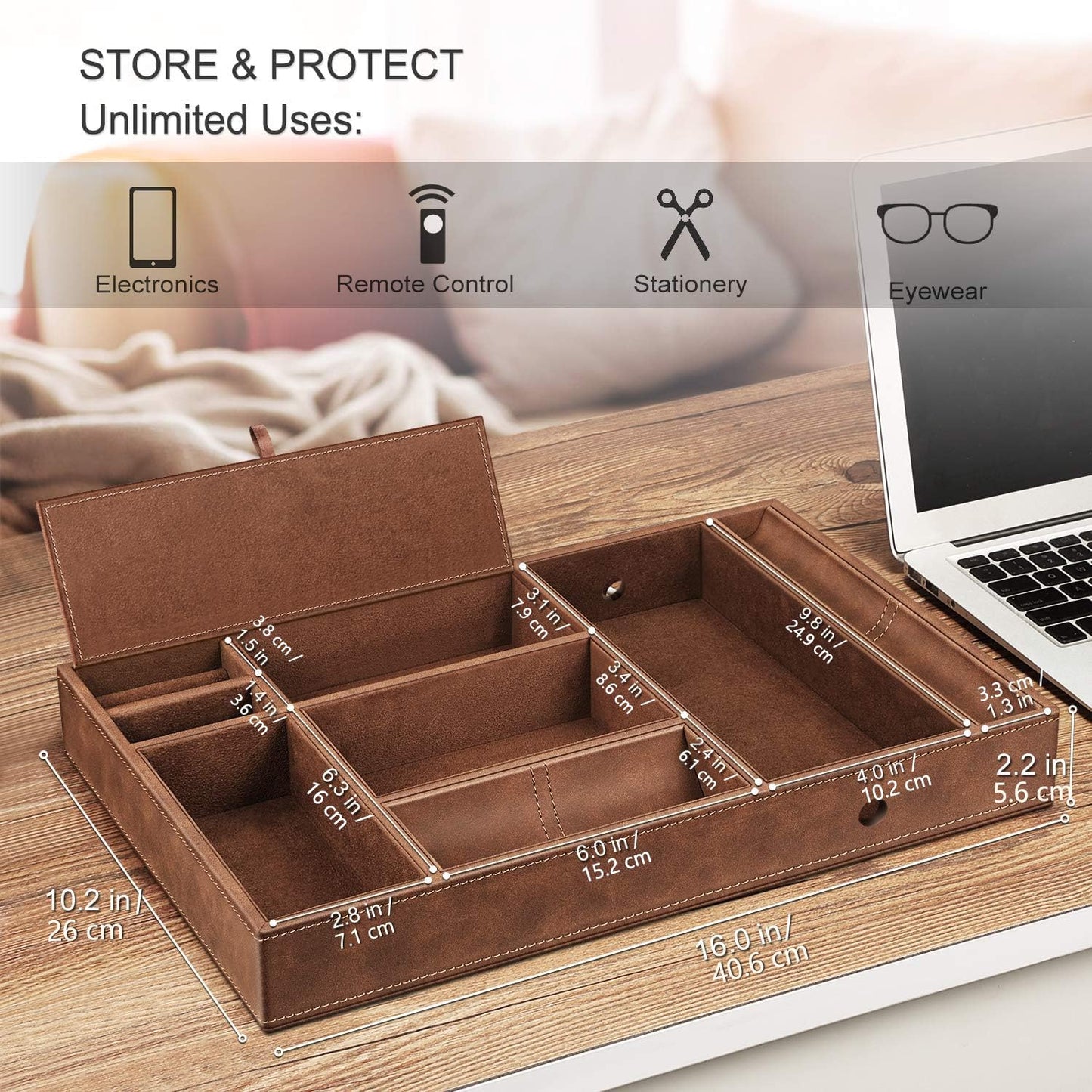 SITHON Bag emptier Table Organizer, 8 compartments Tray Organizer Storage box Faux leather Bedside cosmetic tray Nightstand coin box Key jewelry Organizer, (Brown)