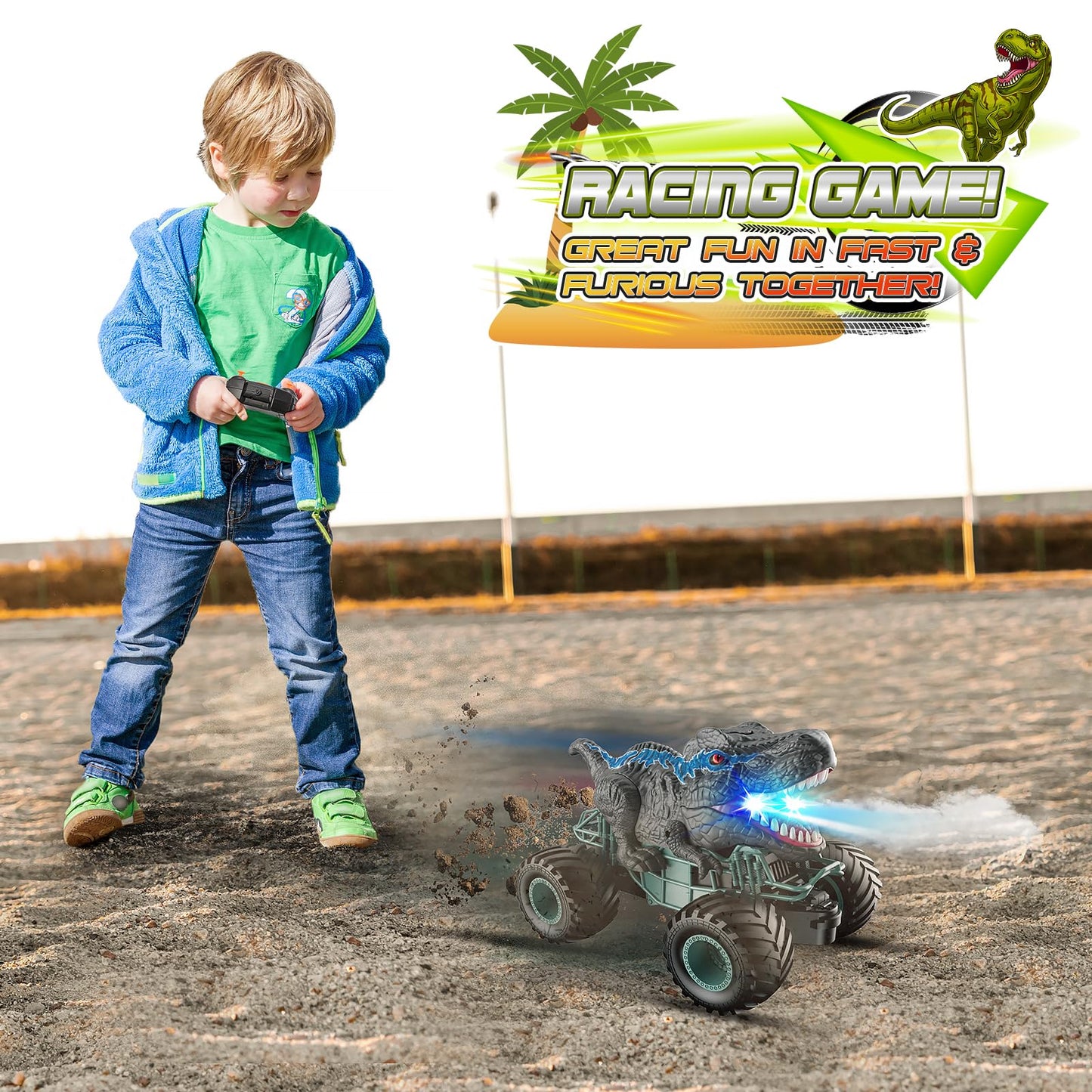 HappyGoLucky Monster truck remote control car for ages 3-8, Dinosaur toy for 3-10 year old boys, RC car with spray mist, music, LED lights, outdoor toy for Easter gifts.