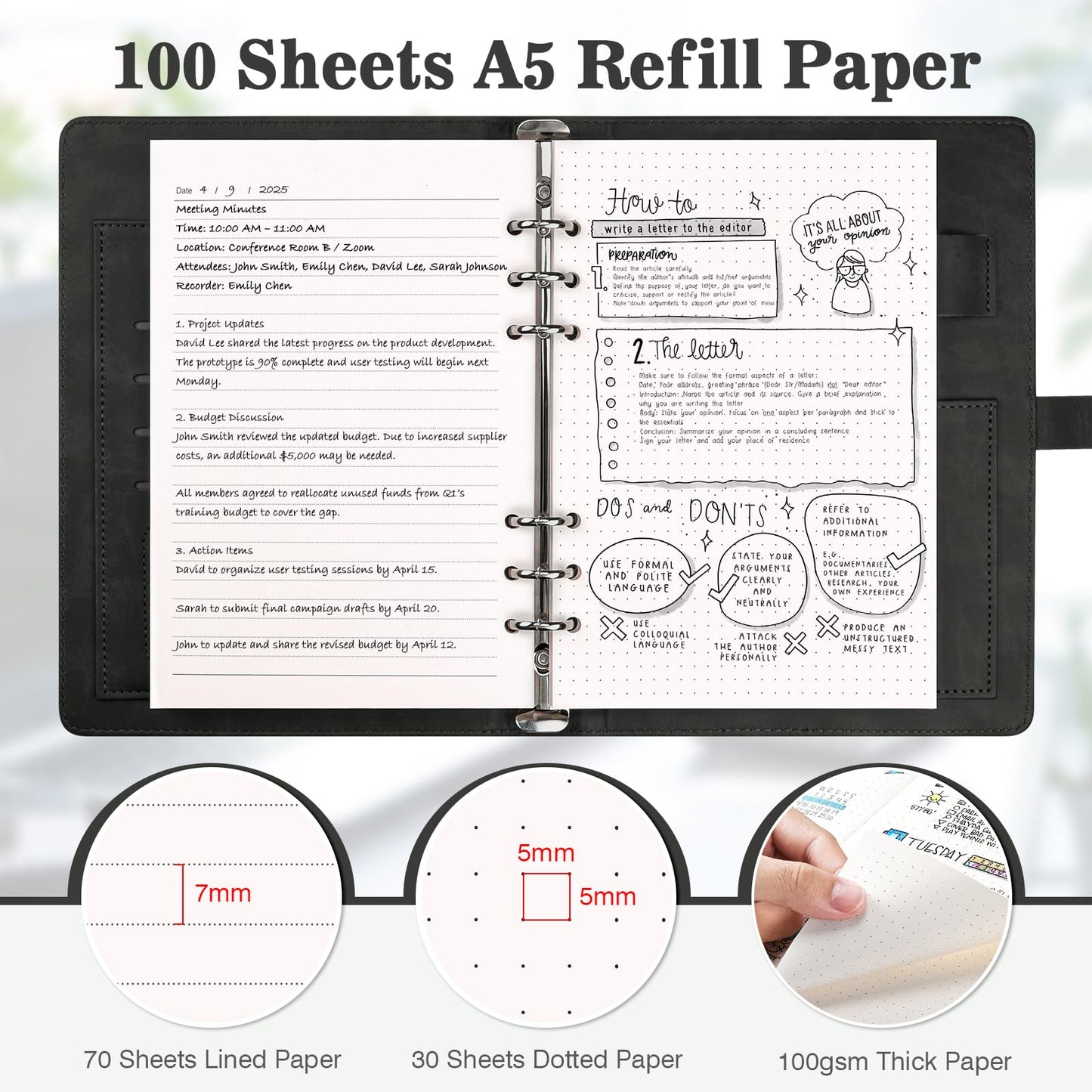 A5 ring binder, refillable A5 ring binder with 100 sheets of refill paper, leather notebook with binder pockets, binder for school notes and travel journals, gift for girls, boys (Black)