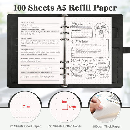 A5 ring binder, refillable A5 ring binder with 100 sheets of refill paper, leather notebook with binder pockets, binder for school notes and travel journals, gift for girls, boys (Black)