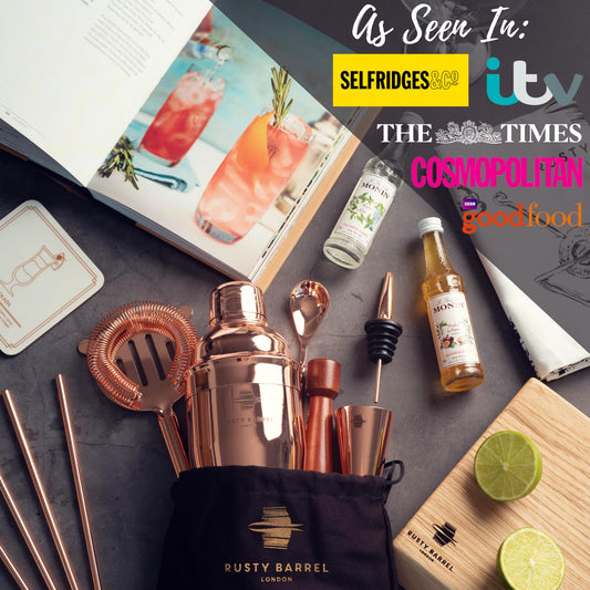 Rusty Barrel Chelsea Cocktail Set for Mixing - Rose Gold Gift Set Manhattan Stainless Steel Cocktail Shaker, Muddler, Strainer, Jigger, Pourer, Spoon, Bag, and Recipe Book - with Gift Box