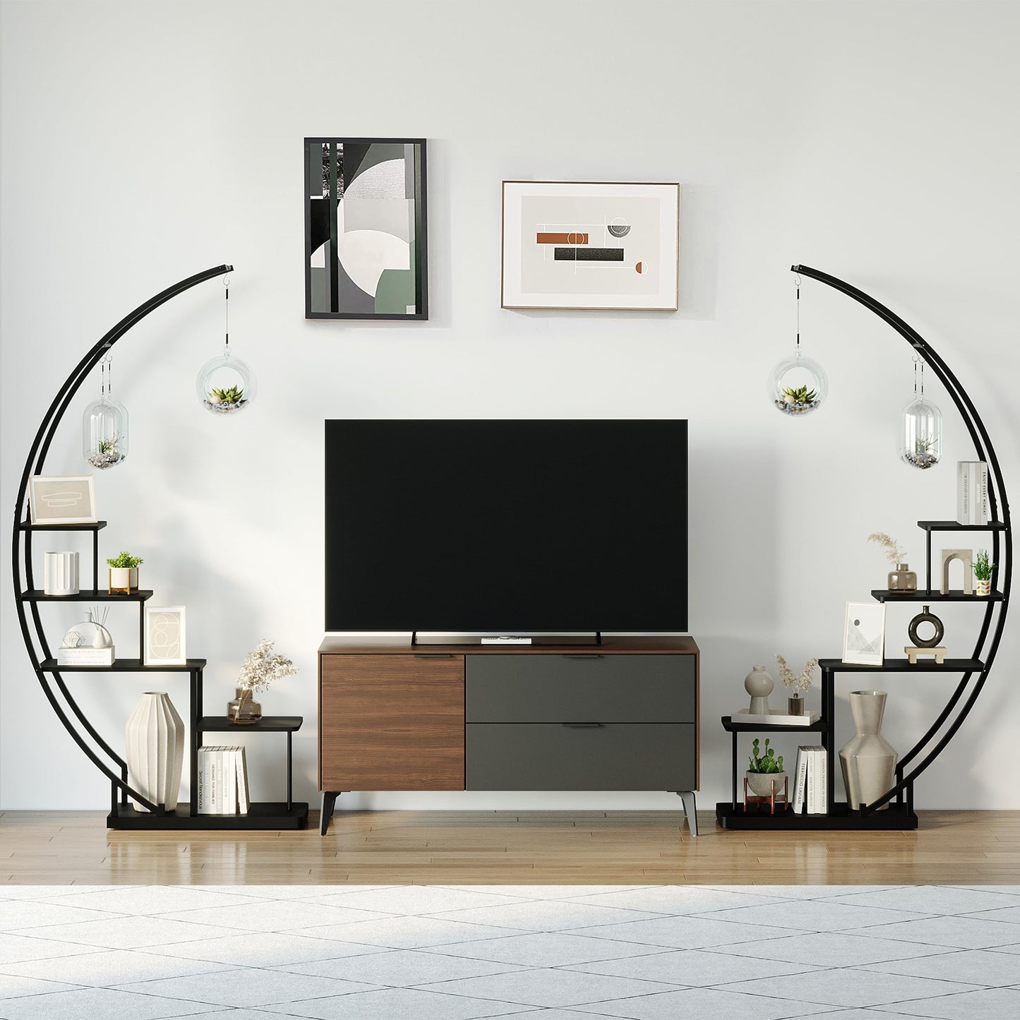 Rebel 5-tier metal plant stand in half-moon shape 172cm tall, plant shelf with 5 shelves & hooks, high flower stand plant ladder with tip protection for balcony living room patio (2 pieces, black)