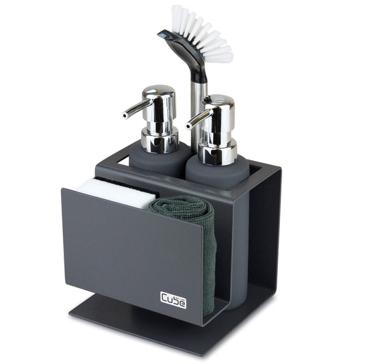 Cube sink organizer set Made in Germany: Award-winning kitchen organizer including soap dispenser & dish brush - Elegant & practical sink organizer for a tidy kitchen - Grey sink set.