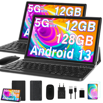 GOODTEL 2024 Latest Tablet 10 Inch Android 13 with 12GB RAM + 128GB ROM 1TB TF, 5G + 2.4G WiFi, GPS, Bluetooth 5.0, 6000mAh, Dual Camera 8+5MP, Cast, OTG, Type C, with case, keyboard & mouse - Black