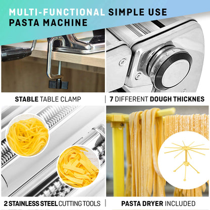 Manual pasta machine with dryer - Multi-Pasta Stainless Steel Rustproof Italian flat pasta machine 7-stage adjustable, sharp blade clamp - Fresh homemade noodles, spaghetti, lasagna