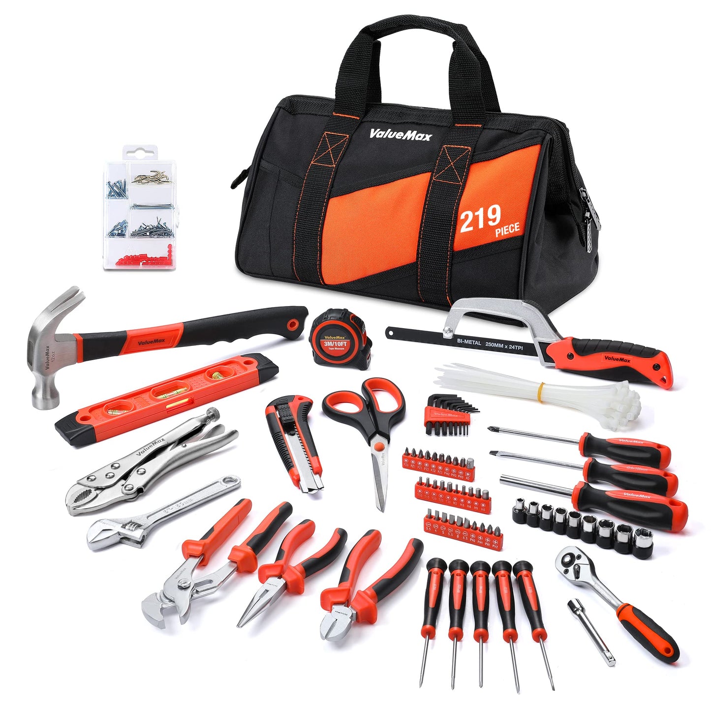 ValueMax 219-piece tool set, tool bag included, everyday tools, tool kit for household, DIY, handyman, and mechanics for home repairs or professional work.