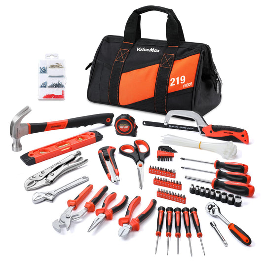 ValueMax 219-piece tool set, tool bag included, everyday tools, tool kit for household, DIY, handyman, and mechanics for home repairs or professional work.