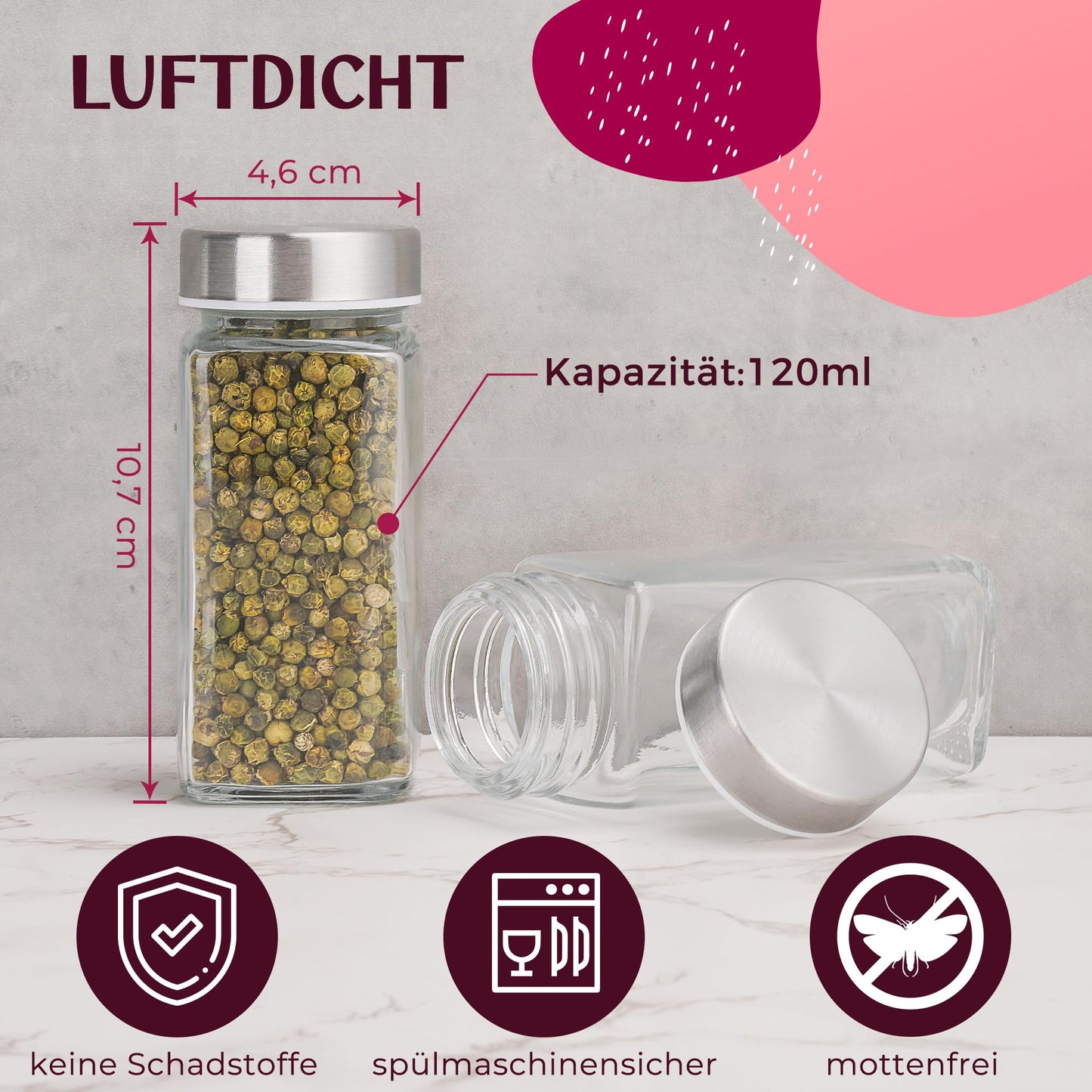 Happy Lemuro 24-Piece Spice Jar Set [120ml] with 301 labels in German | Spice jars with shaker tops, premium stainless steel lids & accessories - spice container set, spice storage, spice organizer