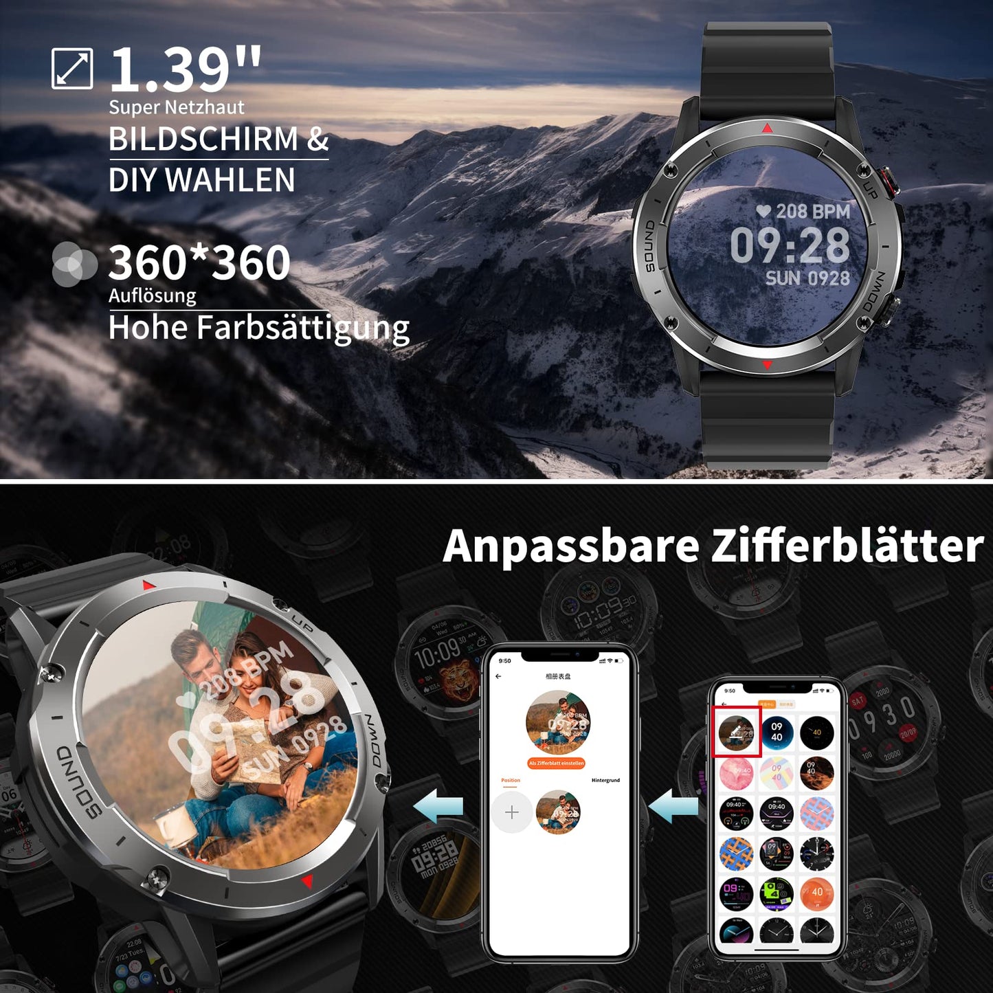 Men's smartwatch with phone function 1.39" DIY HD full touchscreen watch fitness tracker 30+ sport modes activity tracker IP68 waterproof wristwatch with sleep monitor pedometer message reminder