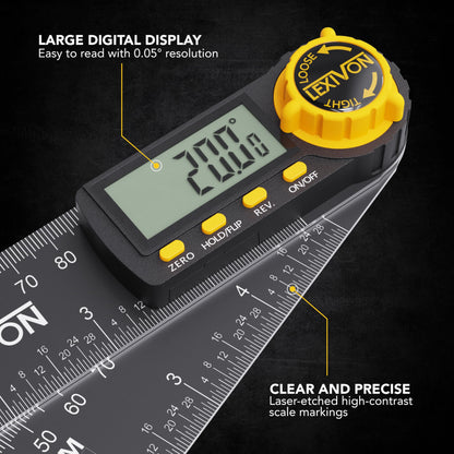 LEXIVON Digital Protractor made of aluminum, 130mm, Digital Angle Finder Multi-Purpose Angle Measuring Tool, includes XL display and durable zippered pouch (LX-DAF5)