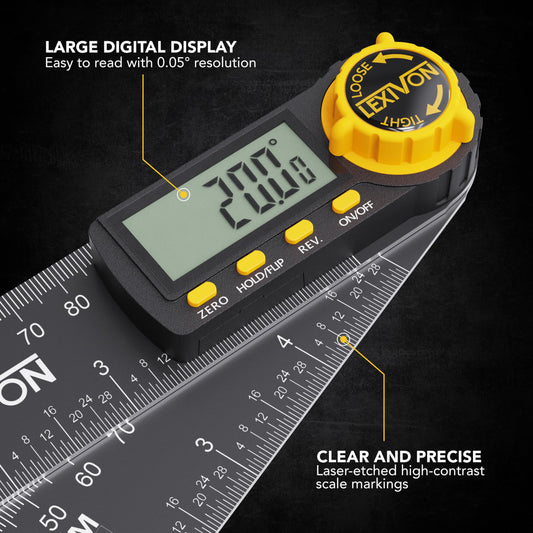 LEXIVON Digital Protractor made of aluminum, 130mm, Digital Angle Finder Multi-Purpose Angle Measuring Tool, includes XL display and durable zippered pouch (LX-DAF5)