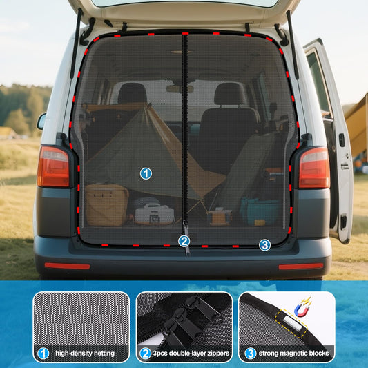 ZATOOTO mosquito net zipper for VW T5 T6 tailgates, fly screen insect protection sunshade, rear door separator curtain mosquito net with magnetism, trunk shade net camping travel (rear)