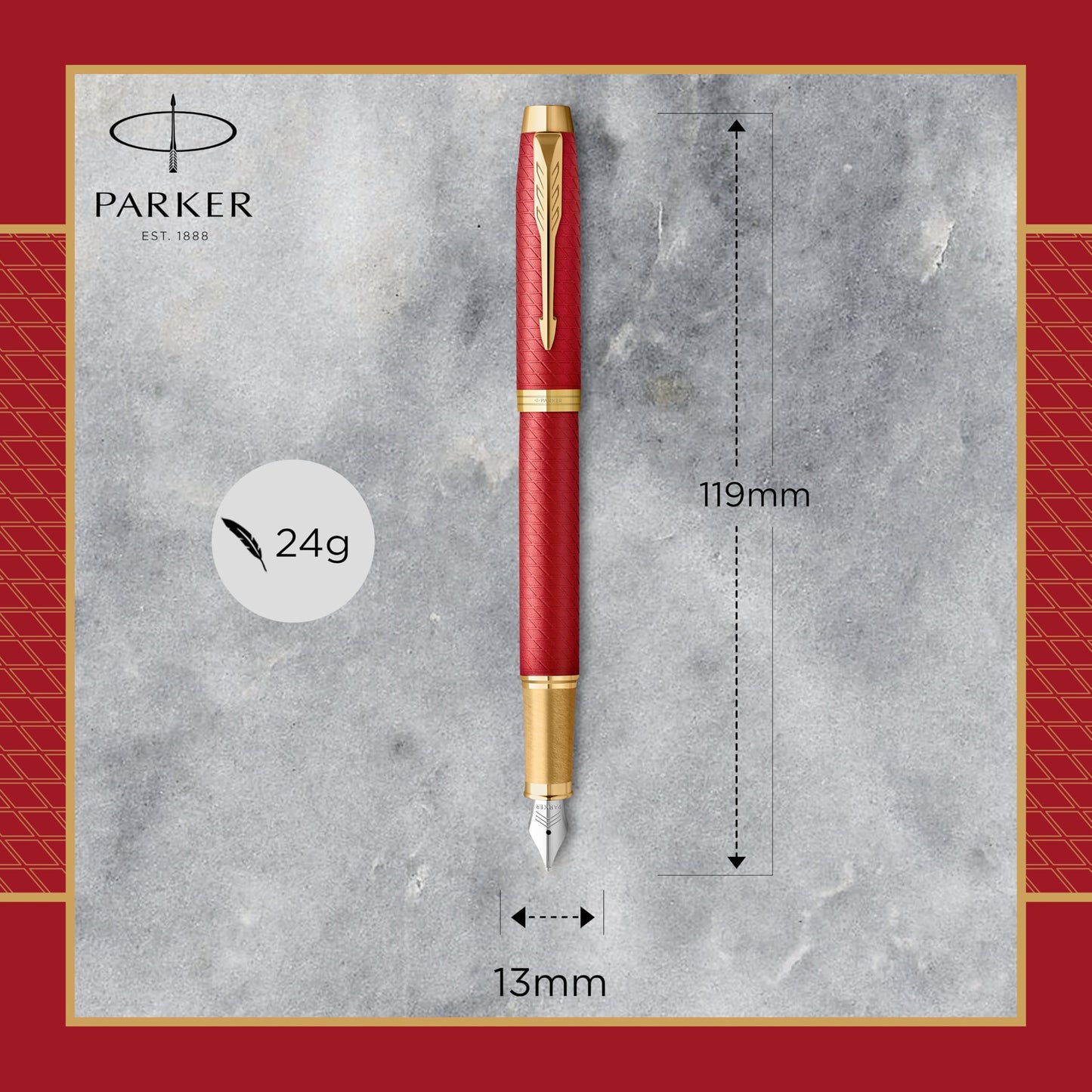 Parker IM Red Premium Lacquer Fountain Pen with Gold Trim | Fine nib and blue ink | Comes in a gift box