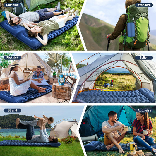 Haksimey self-inflating camping mat, ultra-light air mattress with foot pump. Includes pillow. Great for hiking and traveling.