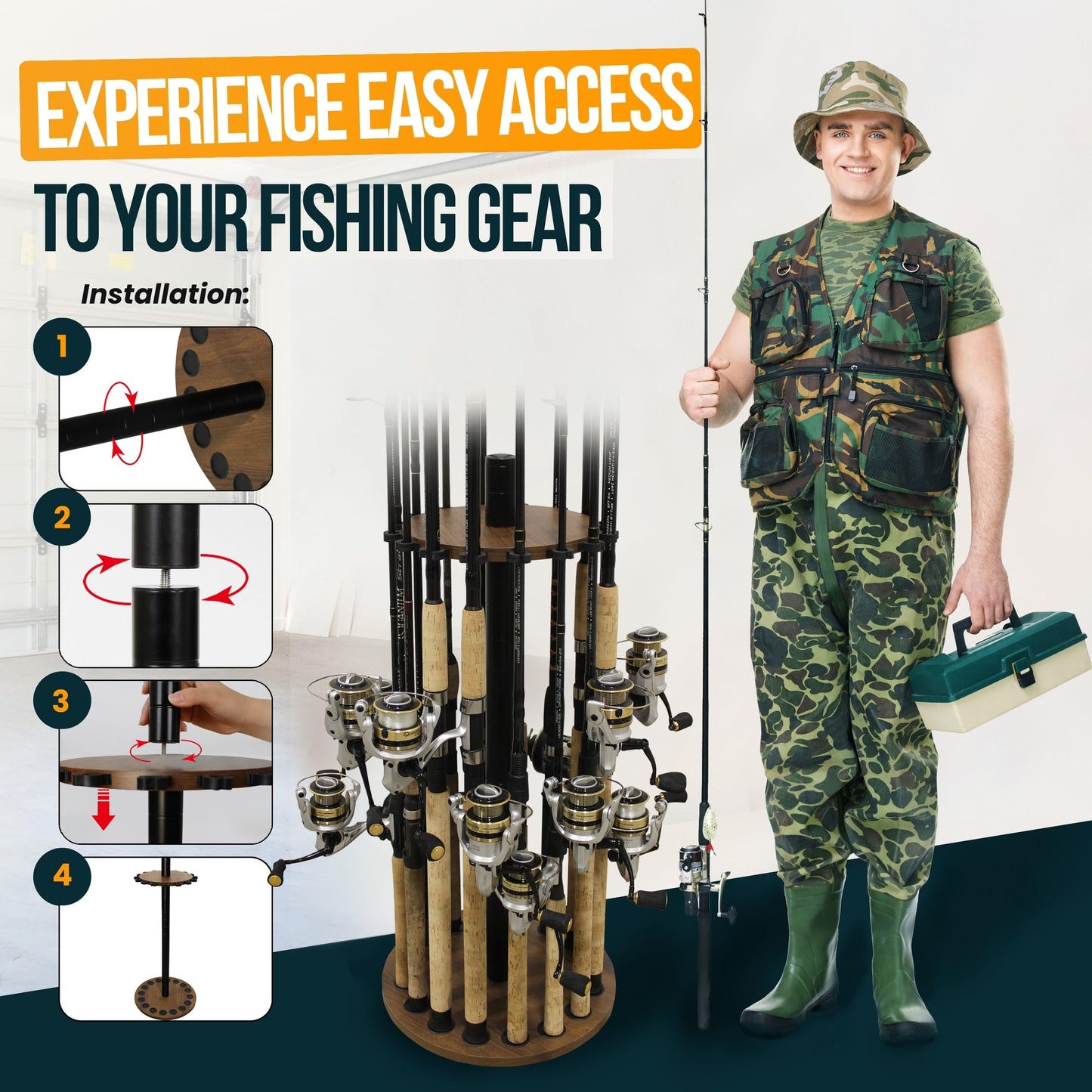 Rush Creek Creations Round Fishing Rod Holder for 16 freshwater fishing rods, fishing gear and accessories, rod holder with 16 rod clips for garage organization.