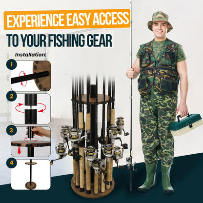 Rush Creek Creations Round Fishing Rod Holder for 16 freshwater fishing rods, fishing gear and accessories, rod holder with 16 rod clips for garage organization.