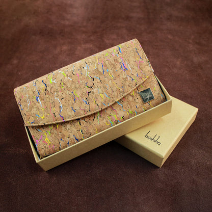Boshiho cork wallet for women, sustainable vegan purse made from large cork with zipper. Features multiple compartments, ideal vegan gift.