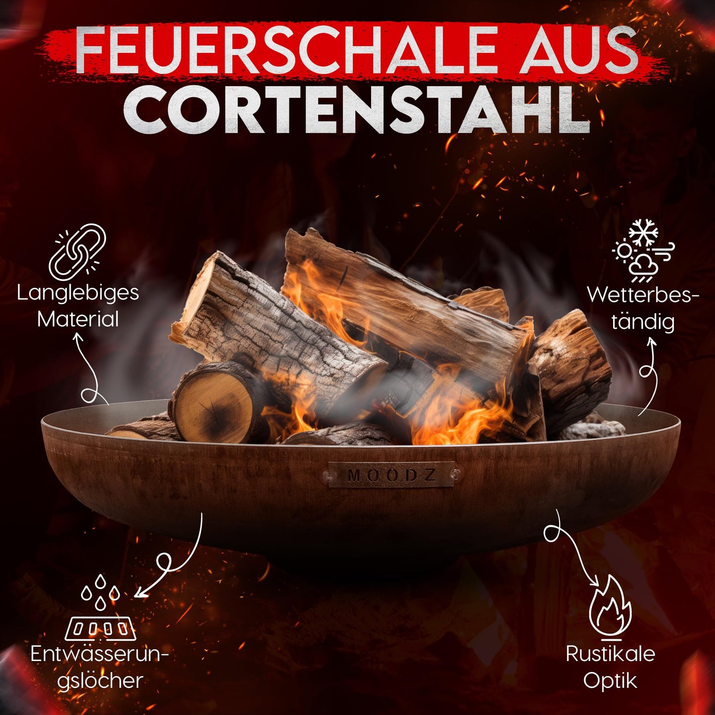 Moodz fire pit 100 cm - fire bowls for the garden - outdoor fire pit & fire barrel - fire pit with optional grill grate made of 3 MM high-quality Corten steel - fire basket for the garden - 100x100x21cm