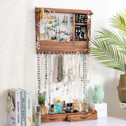 QILICZ Wall Jewelry Organizer with Bracelet Rod, 21 Hooks, Drawer Jewelry Storage for Earrings, Studs, Necklaces, Bracelets, Rings.