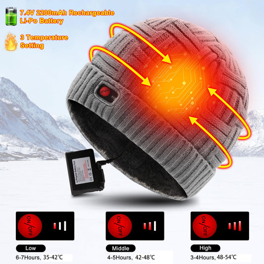 Svpro Heated Knit Hat, Rechargeable Heated Beanie Washable Electric Warm Winter Hat Men Women Thermal Thick Fleece Skull Cap for Skiing Cycling Hunting