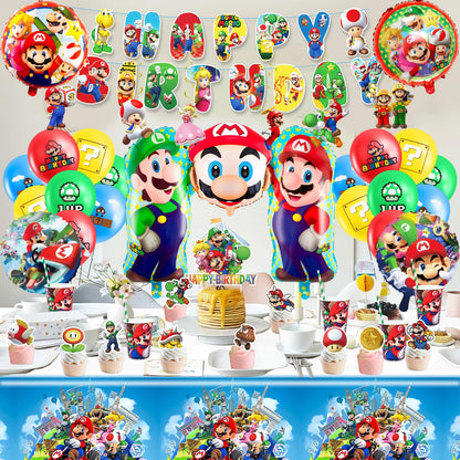 102Pcs Ma Rio paper plates children's birthday decor Super Bros birthday tableware set birthday decorations party tableware party decor tablecloth napkins plates and cups balloon banner cake decoration for 20 guests.