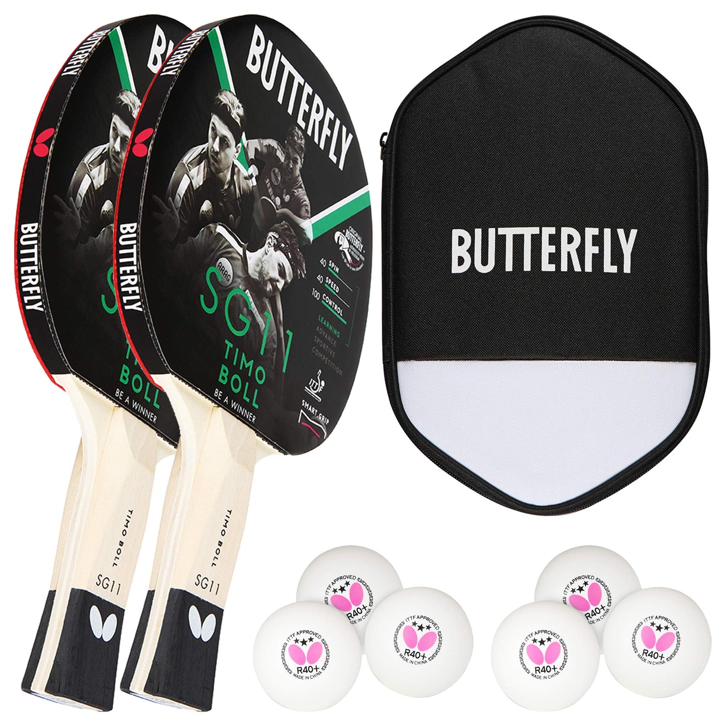 Butterfly Timo Boll 2x SG11 table tennis racket + Cell Case table tennis case + 2x 3*** ITTF R40+ table tennis balls | Table tennis racket set | Table tennis hobby set