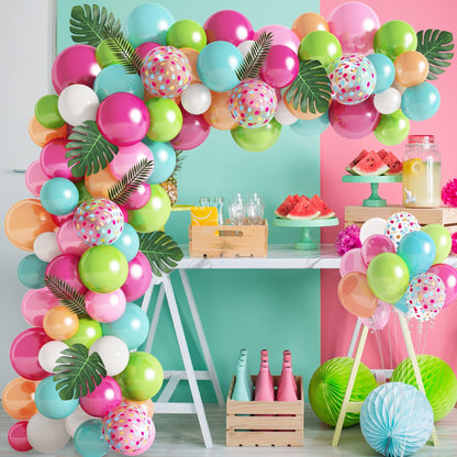 140 Piece Tropical Balloons Garland, Hawaiian Tropical Balloon Garland with Flamingo, Palm, Leaf, Latex Balloons for Summer Party.