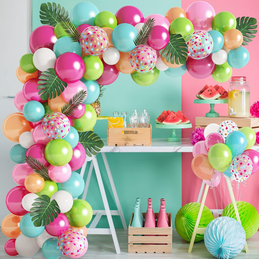 140 Piece Tropical Balloons Garland, Hawaiian Tropical Balloon Garland with Flamingo, Palm, Leaf, Latex Balloons for Summer Party.
