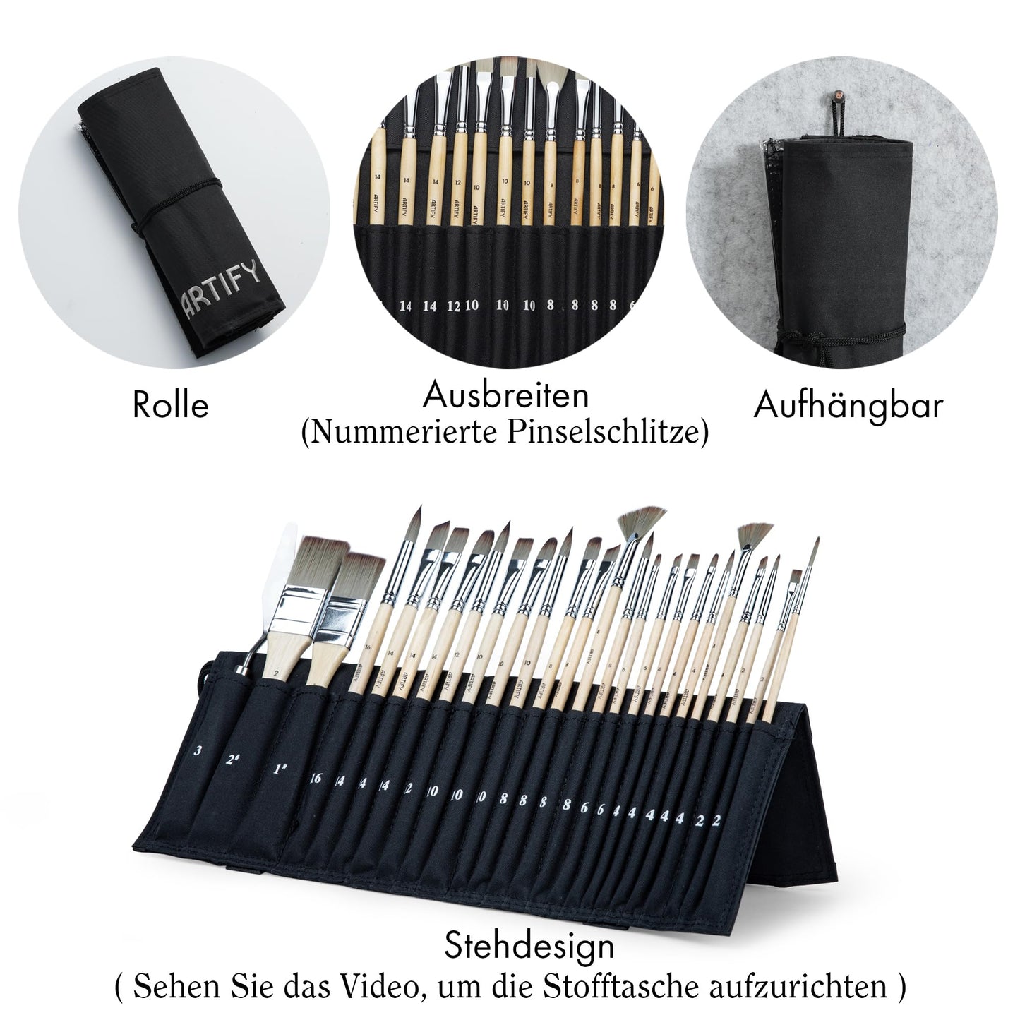 ARTIFY 25-piece Premium Brush Set for Acrylics, Flat Filbert Round Fan Liner Angled Brushes with Canvas Bag and Palette Knife for Acrylic Oil Watercolor Gouache Body Painting.