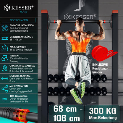 KESSER® Door Frame Pull Up Bar Adjustable, Pull Up Bar Home Gym, Bar without Screws/Drilling, 68-106 cm Extendable, Holds up to 300Kg & Non-slip Grips, includes Resistance Bands