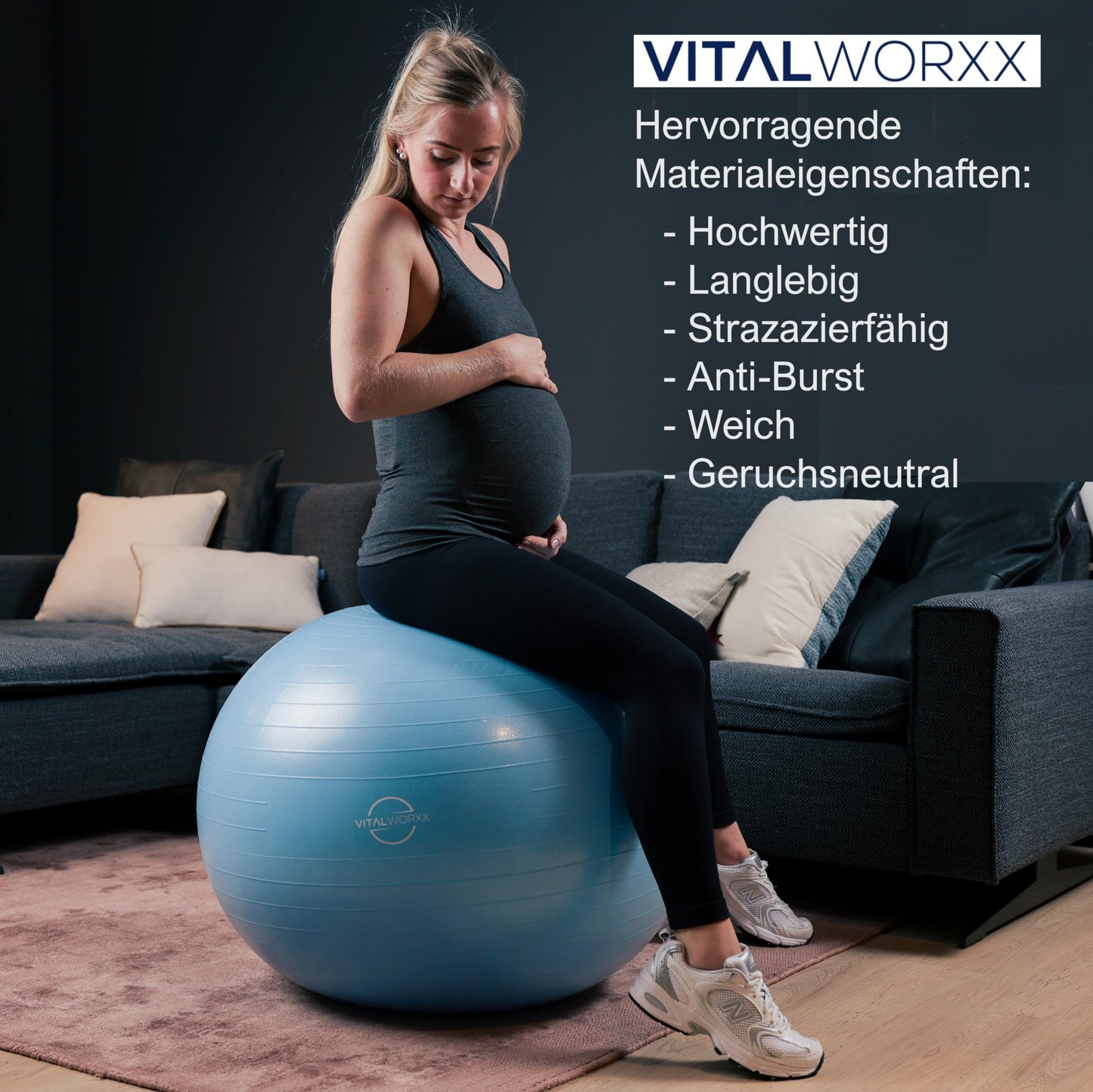 VITALWORXX Gymnastics Ball for Pregnant Women, extremely stable, Exercise Ball Yoga Ball Pezzi Ball with pump, with exercises for pregnancy, birth, health.