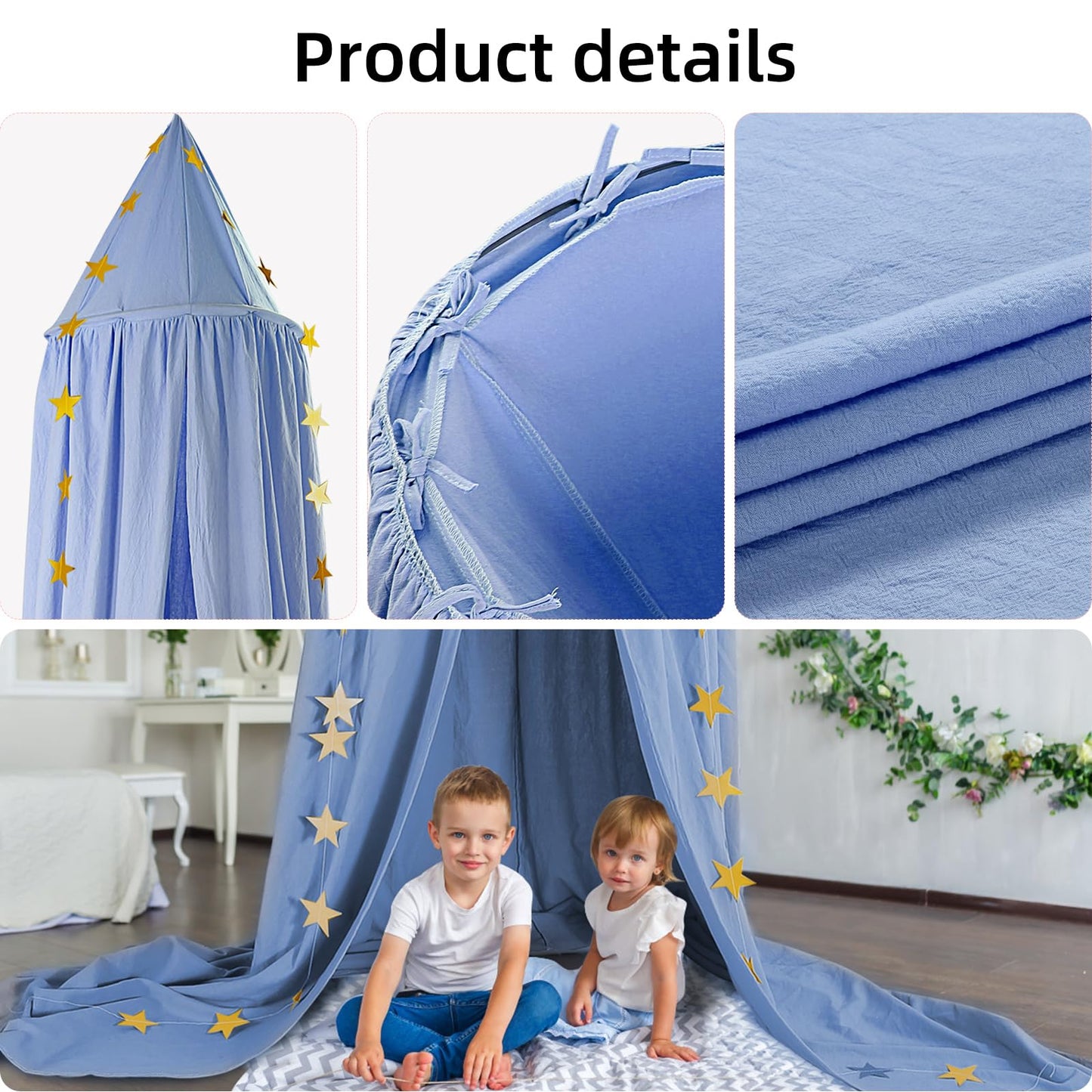 CeeKii Canopy Nursery Bed Canopy, Bed Curtain Baby Room Decor Mosquito Net for Princess Play Tents Baby Bed Bedroom Decoration with Star Garland (Blue)