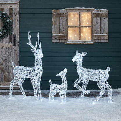 Lights4fun 120cm Swinsty LED Reindeer Family - Acrylic White Timer Christmas Figure Lighting Outdoor and Indoor - Deer Figure Christmas Decoration Outdoor