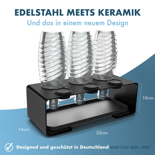 Panteer® bottle holder for SodaStream bottles - drip tray made of stainless steel with ceramic bowl including lid holder and 3M® silicone pads - for 3 SodaStream Crystal and more. (Black)