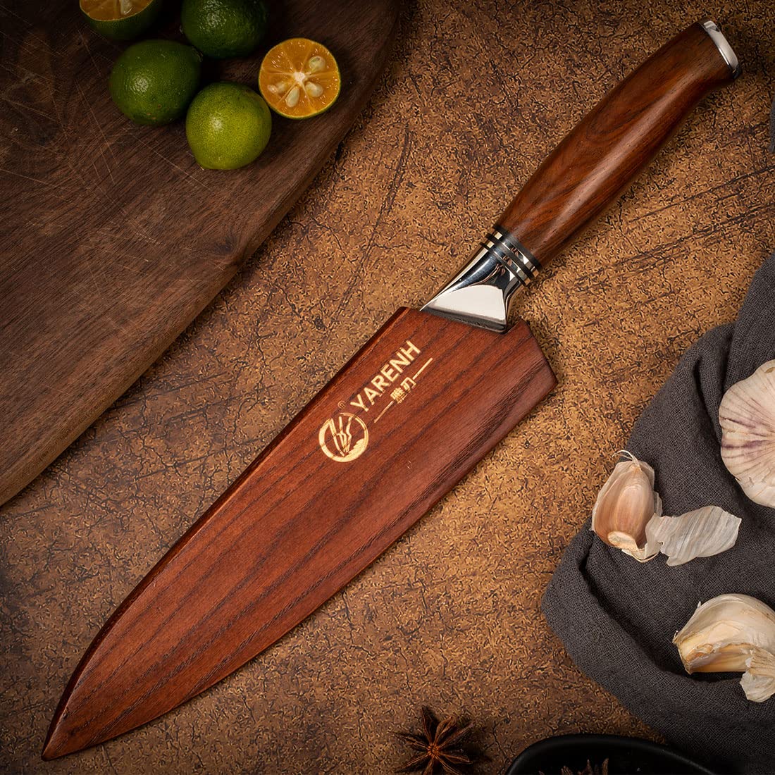 YARENH Damascus Knife Professional Chef's Knife 20.5 cm, 73 Layers Damascus Steel Kitchen Knife, Sharp Chef Knife, with Exquisite Sandalwood Handle, with Walnut Wood Sheath.